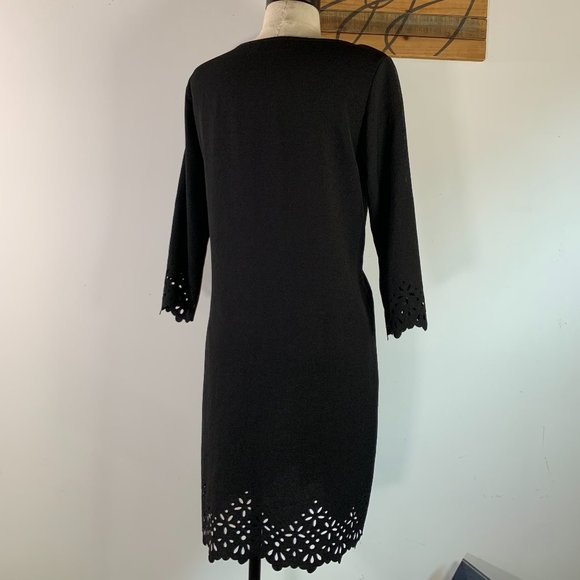 Everly Black Dinner Holiday Dress Laser Cut Eyelette Cutouts 3/4 Sleeve‎ Size M - Picture 2 of 13